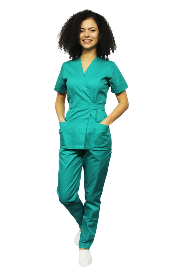 Costum medical verde chirurgical, cu bluza tip kimono si pantaloni cu elastic