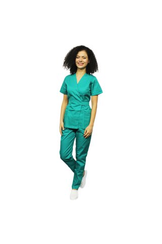 Costum medical verde chirurgical, cu bluza tip kimono si pantaloni cu elastic