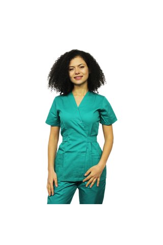 Costum medical verde chirurgical, cu bluza tip kimono si pantaloni cu elastic