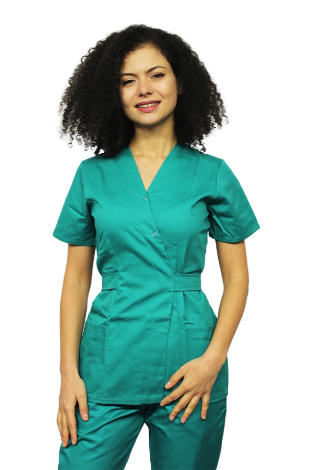 Halat medical kimono verde chirurgical cu doua buzunare aplicate