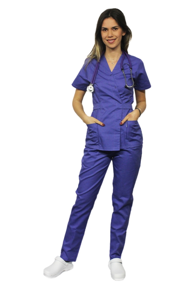 Costum medical mov, cu bluza tip kimono si pantaloni cu elastic