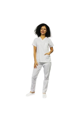 Costum medical alb cu bluza cu anchior in forma V si pantaloni alb cu elastic