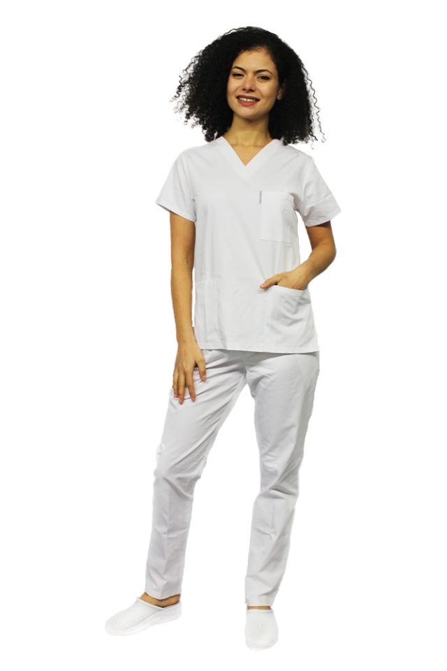 Costum medical alb cu bluza cu anchior in forma V si pantaloni alb cu elastic