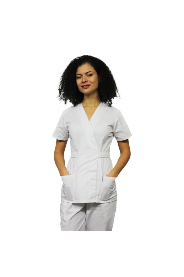 Costum medical alb, cu bluza tip kimono si pantaloni cu elastic