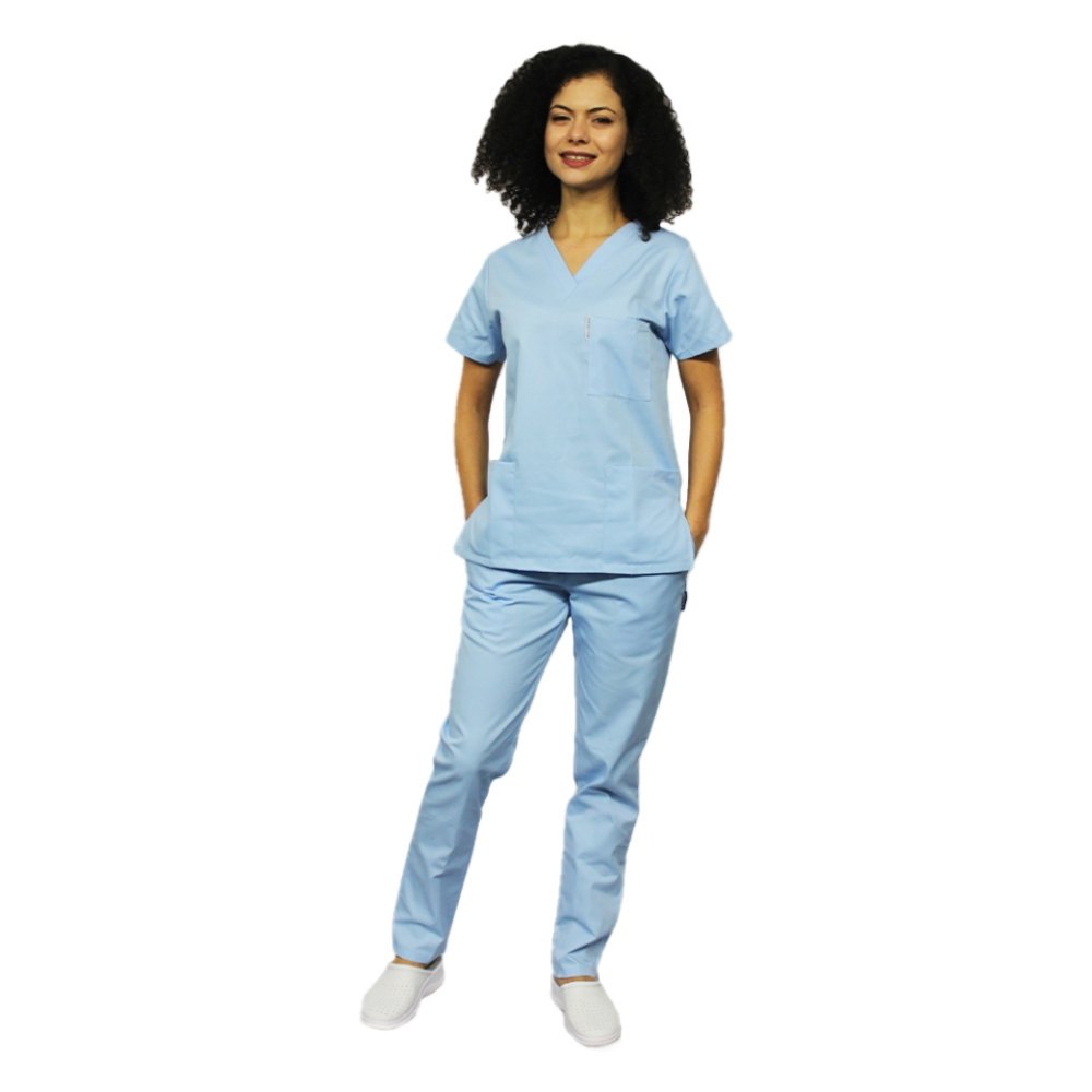 Pachet costum medical dama in v bleo cu saboti, cadou boneta