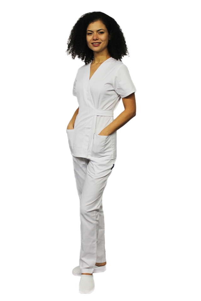 Costum medical alb, cu bluza tip kimono si pantaloni cu elastic