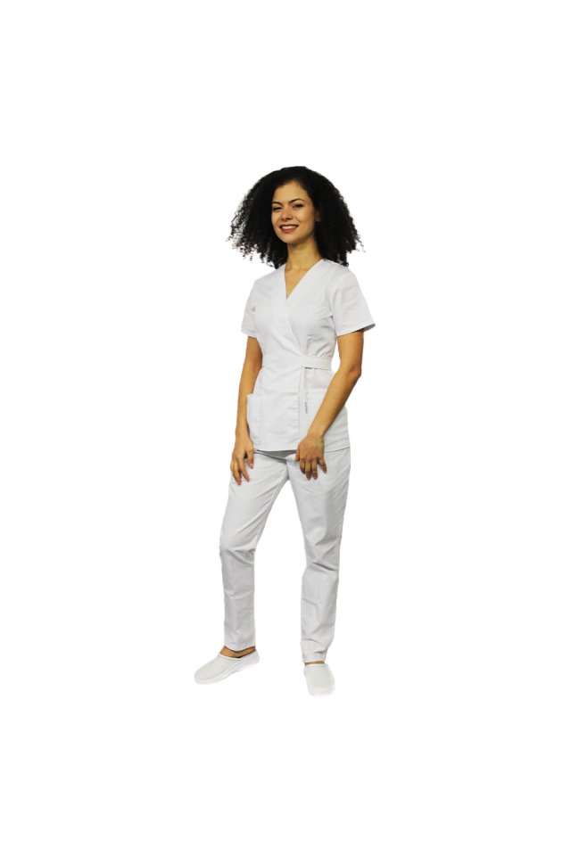 Costum medical alb, cu bluza tip kimono si pantaloni cu elastic