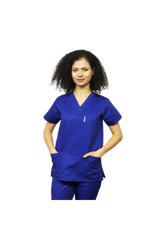 Costum medical albastru, bluza cu anchior in V, trei buzunare si pantaloni cu elastic