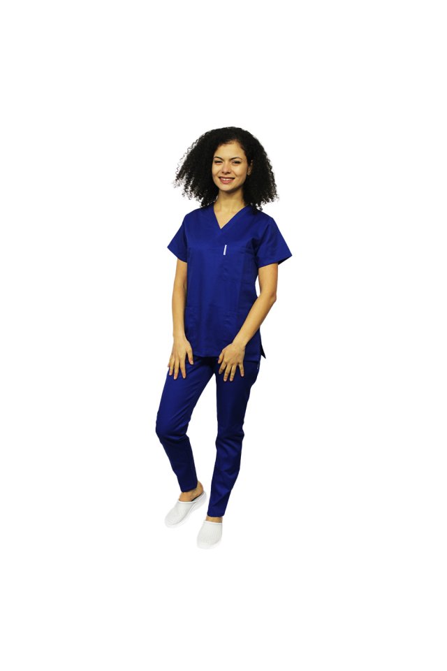 Costum medical albastru, bluza cu anchior in V, trei buzunare si pantaloni cu elastic