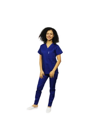 Uniforma curatenie albastru, bluza cu anchior in V, trei buzunare si pantaloni cu elastic.