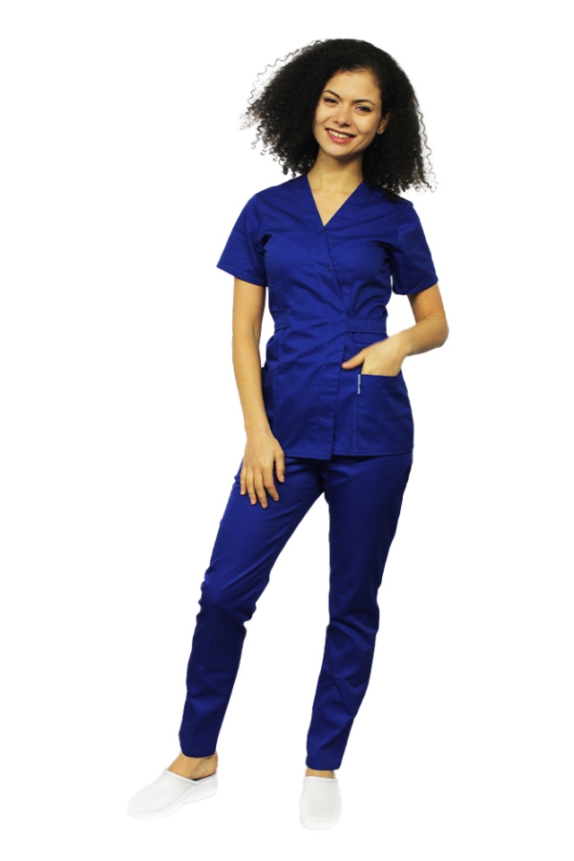 Costum medical albastru, cu bluza tip kimono si pantaloni cu elastic