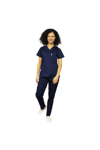 Costum medical bleumarin, bluza cu anchior in V, trei buzunare si pantaloni cu elastic.