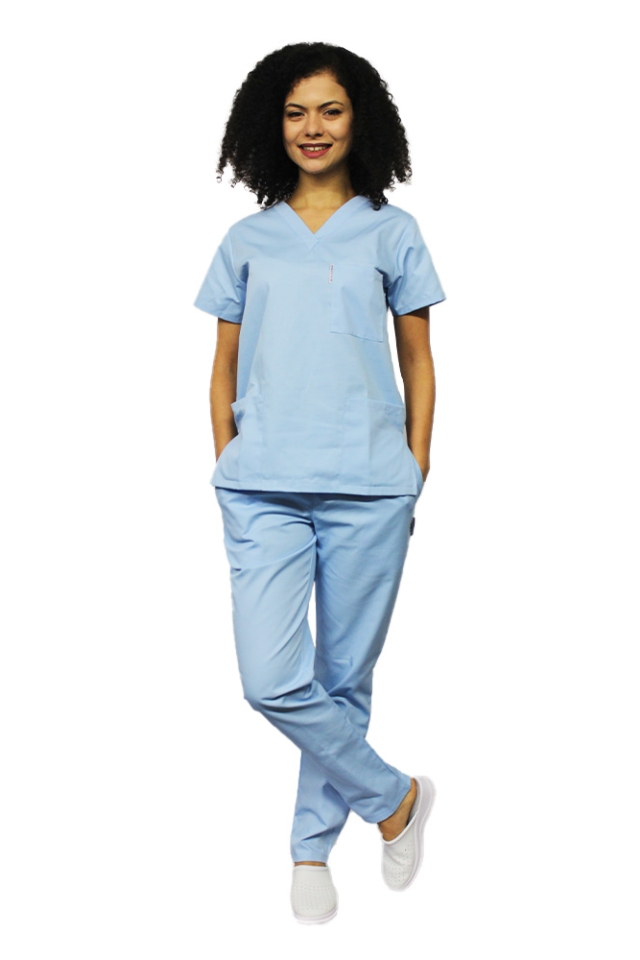 Costum medical bleu cu bluza cu anchior in forma V si pantaloni bleo cu elastic