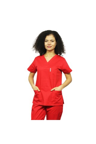 Costum medical rosu, bluza cu anchior in V, trei buzunare si pantaloni cu elastic