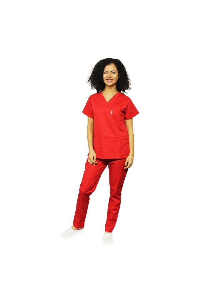 Costum medical rosu, bluza cu anchior in V, trei buzunare si pantaloni cu elastic