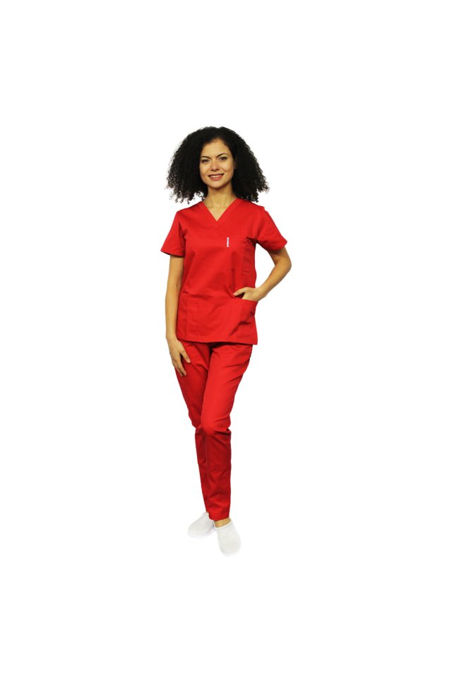 Costum medical rosu, bluza cu anchior in V, trei buzunare si pantaloni cu elastic