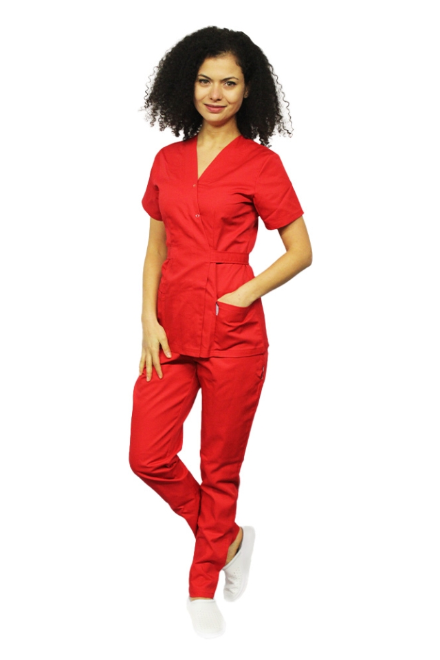 Costum medical rosu, cu bluza tip kimono si pantaloni rosii cu elastic..