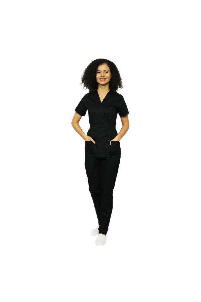 Costum medical negru, cu bluza tip kimono si pantaloni cu elastic