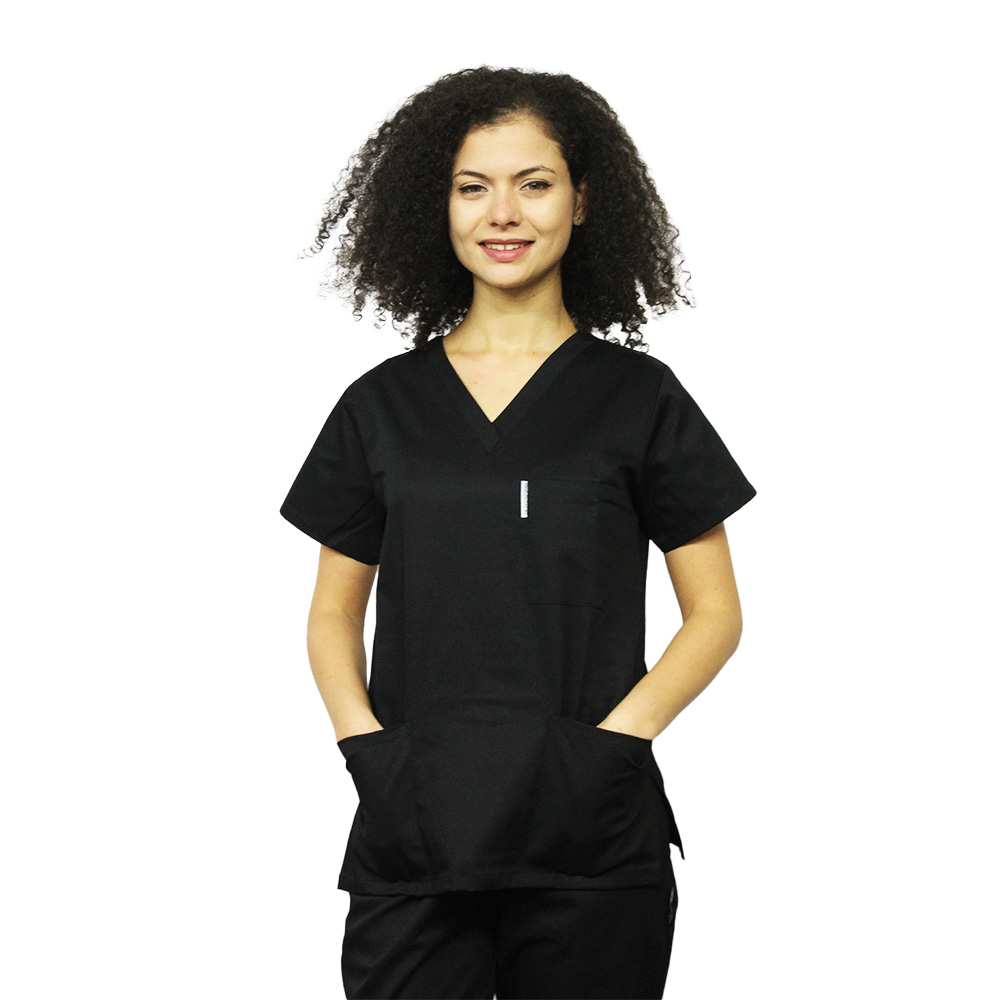 Costum medical negru cu bluza cu anchior in forma V si pantaloni negri cu elastic