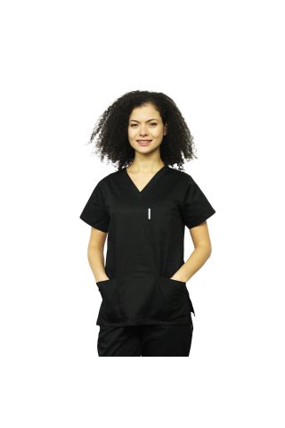 Costum medical negru cu bluza cu anchior in forma V si pantaloni negri cu elastic