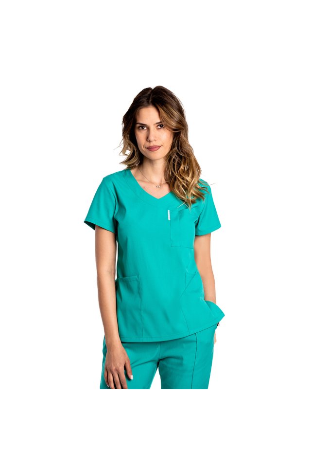 Costum medical stretch verde turcoaz cu bluza in V si pantaloni cu snur si elastic