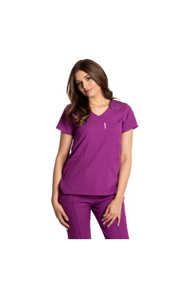 Costum medical stretch mov magenta cu bluza in V si pantaloni cu snur si elastic