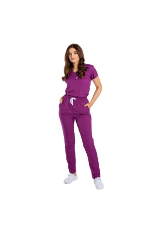 Costum medical stretch mov magenta cu bluza in V si pantaloni cu snur si elastic