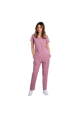 Costum medical stretch roz pudrat cu bluza in V si pantaloni cu snur si elastic