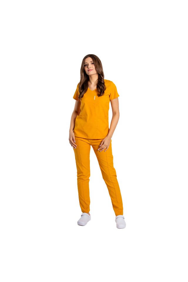 Costum medical stretch galben mustar cu bluza in V si pantaloni cu snur si elastic