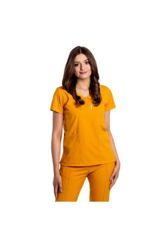 Costum medical stretch galben mustar cu bluza in V si pantaloni cu snur si elastic