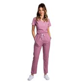 Costum medical stretch roz pudrat cu bluza in V si pantaloni cu snur si elastic..