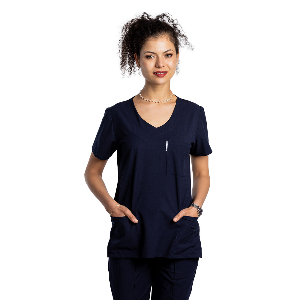 OUTLET Halat medical stretch bleumarin cu trei buzunare aplicate 