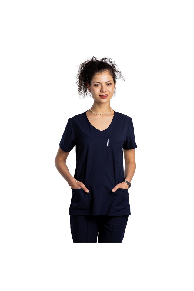 OUTLET Halat medical stretch bleumarin cu trei buzunare aplicate 