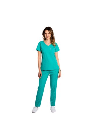 Costum medical stretch verde turcoaz cu bluza in V si pantaloni cu snur si elastic
