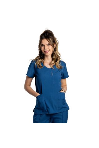 Costum medical stretch albastru jeans cu bluza in V si pantaloni cu snur si elastic