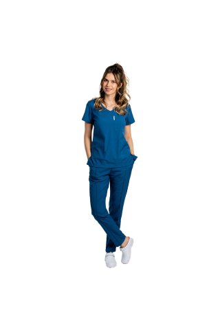 Costum medical stretch albastru jeans cu bluza in V si pantaloni cu snur si elastic