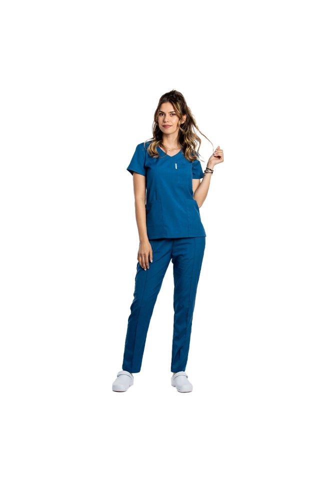 Costum medical stretch albastru jeans cu bluza in V si pantaloni cu snur si elastic