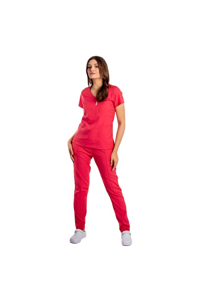Costum medical stretch rosu coral cu bluza cu anchior si pantaloni cu snur si elastic