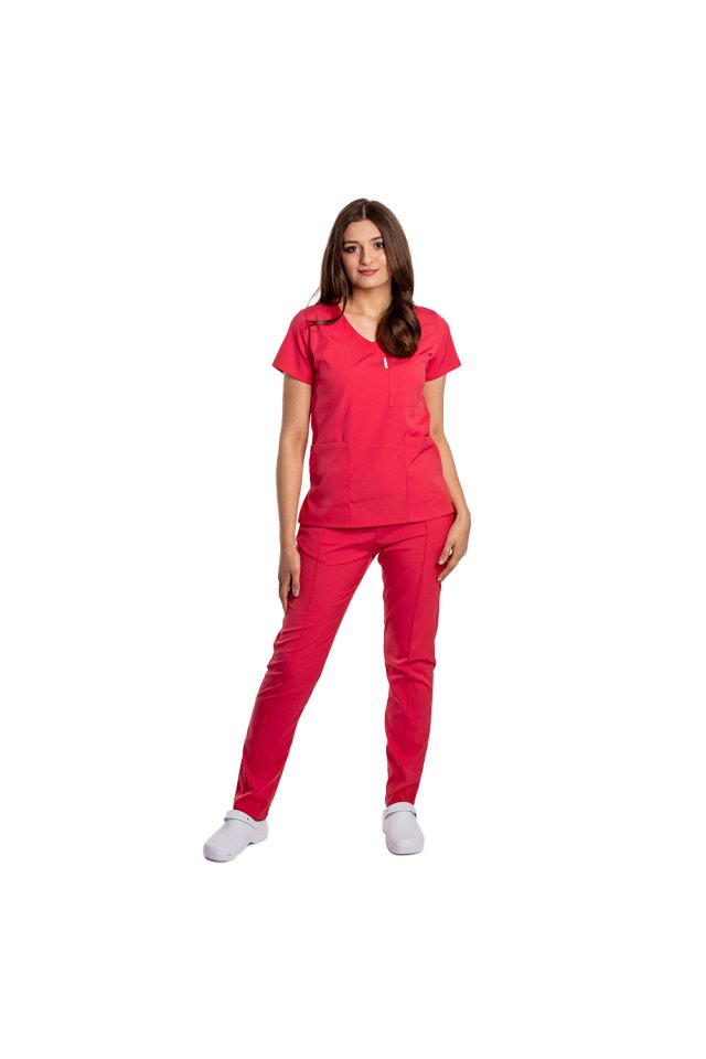 Costum medical stretch rosu coral cu bluza cu anchior si pantaloni cu snur si elastic