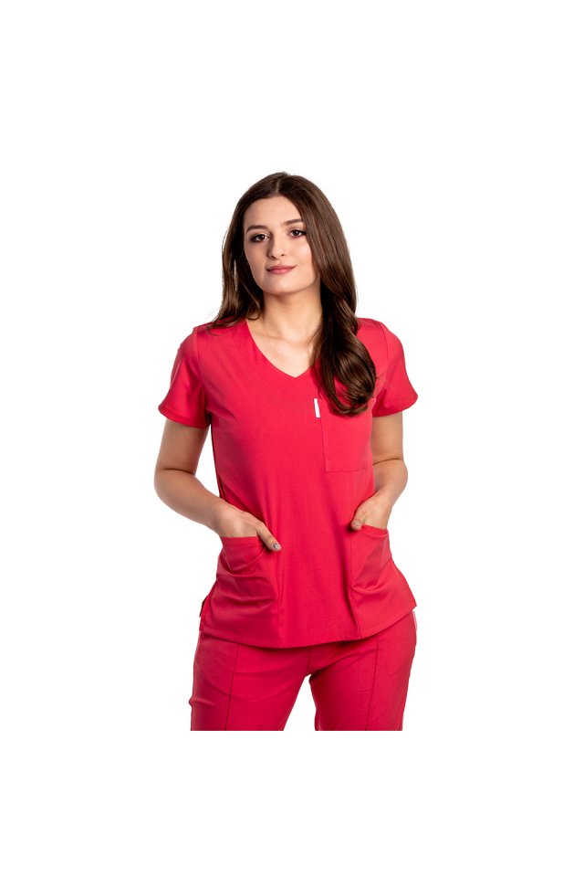 Costum medical stretch rosu coral cu bluza cu anchior si pantaloni cu snur si elastic