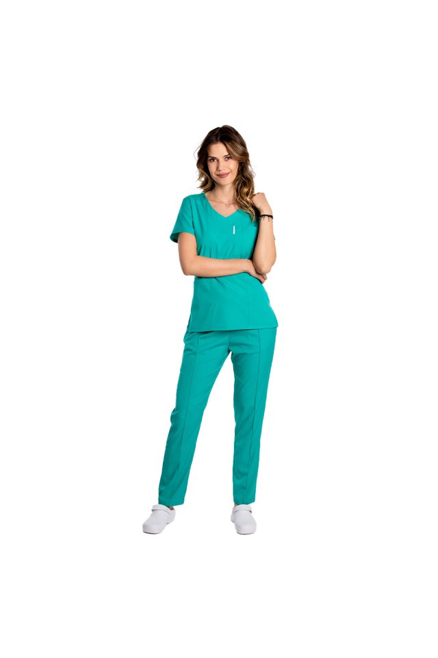 Costum medical stretch verde turcoaz cu bluza in V si pantaloni cu snur si elastic