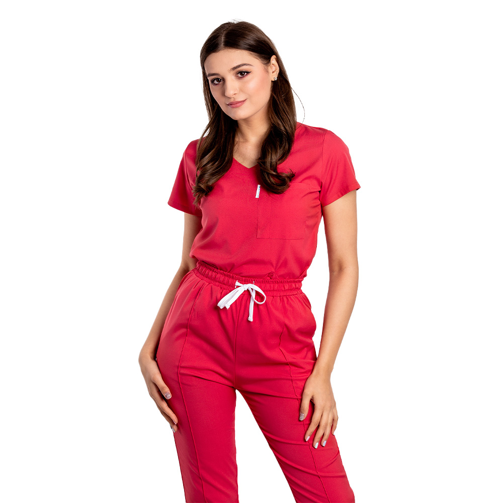 Costum medical stretch rosu coral cu bluza cu anchior si pantaloni cu snur si elastic