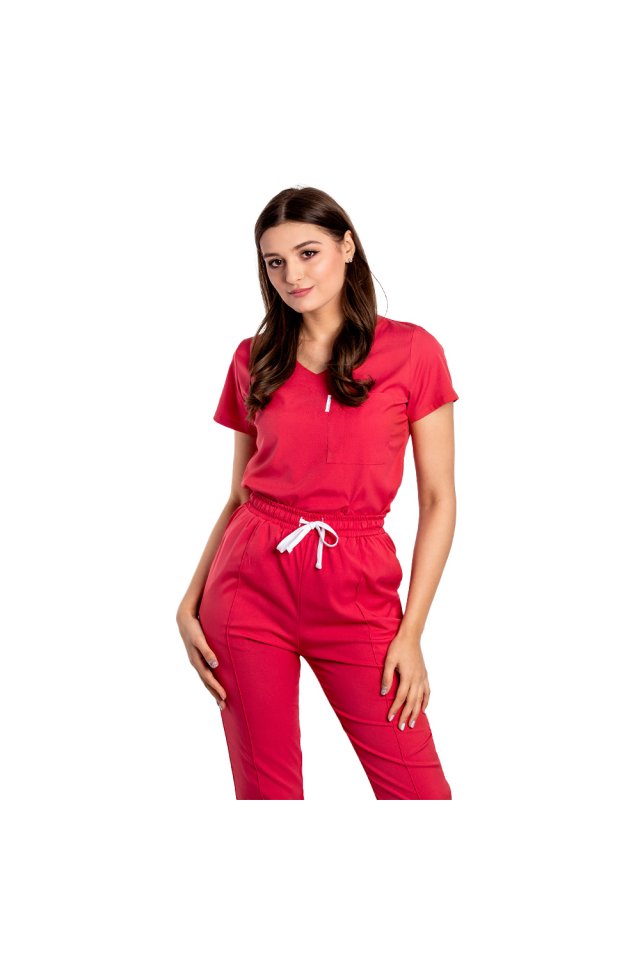Costum medical stretch rosu coral cu bluza cu anchior si pantaloni cu snur si elastic