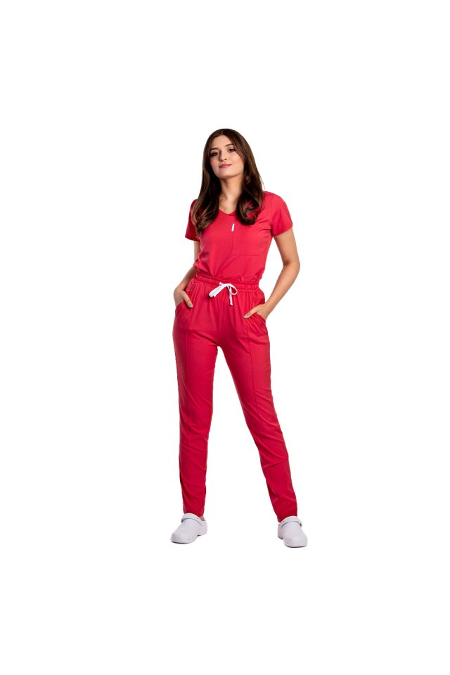 Costum medical stretch rosu coral cu bluza cu anchior si pantaloni cu snur si elastic