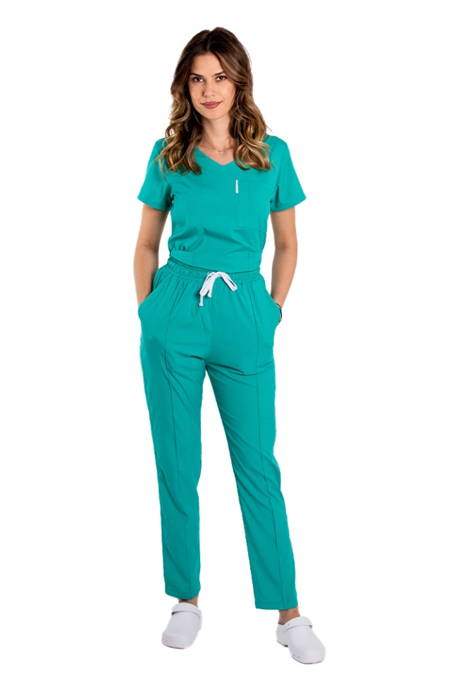 Costum medical stretch verde turcoaz cu bluza in V si pantaloni cu snur si elastic