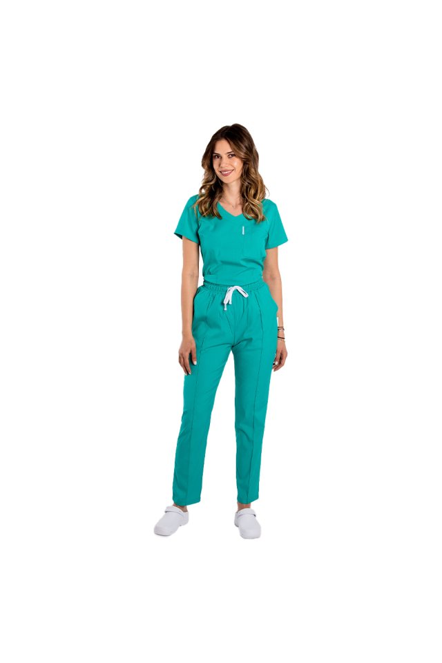 Costum medical stretch verde turcoaz cu bluza in V si pantaloni cu snur si elastic