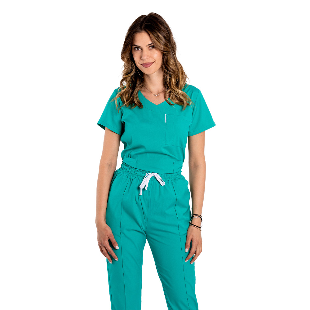 Costum medical stretch verde turcoaz cu bluza in V si pantaloni cu snur si elastic