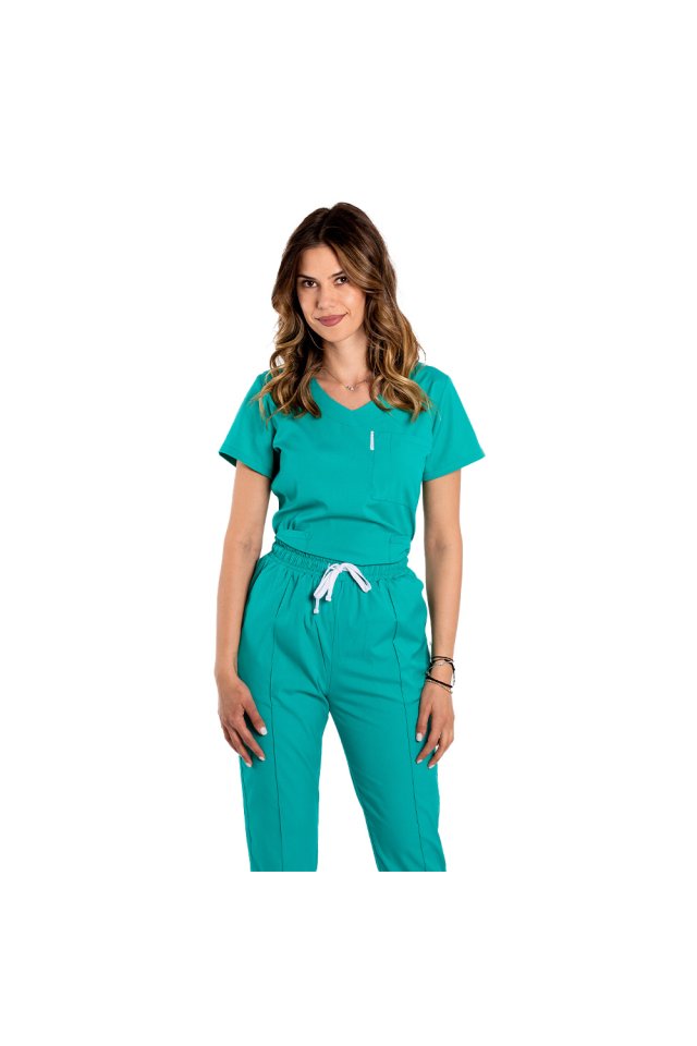 Costum medical stretch verde turcoaz cu bluza in V si pantaloni cu snur si elastic