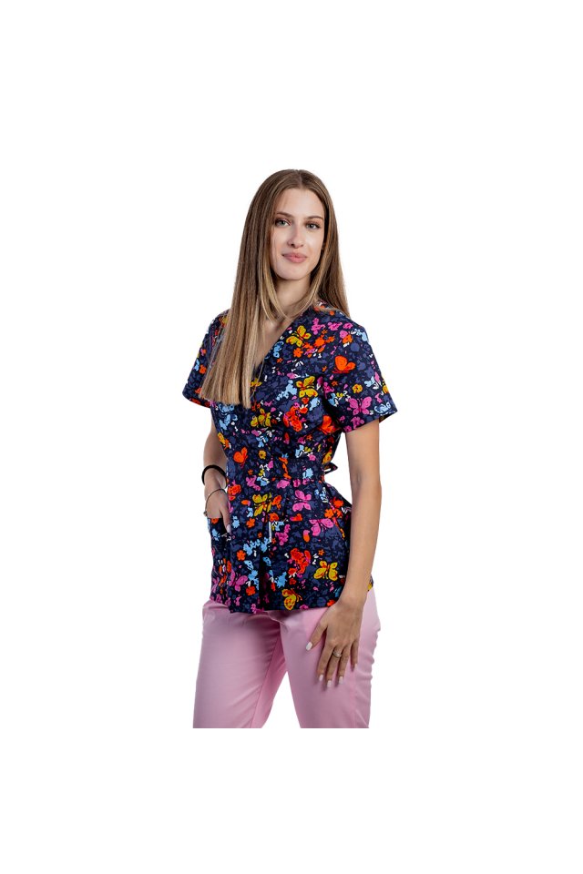 Costum medical kimono Butterfly , cu bluza cu imprimeu  si pantaloni cu elastic