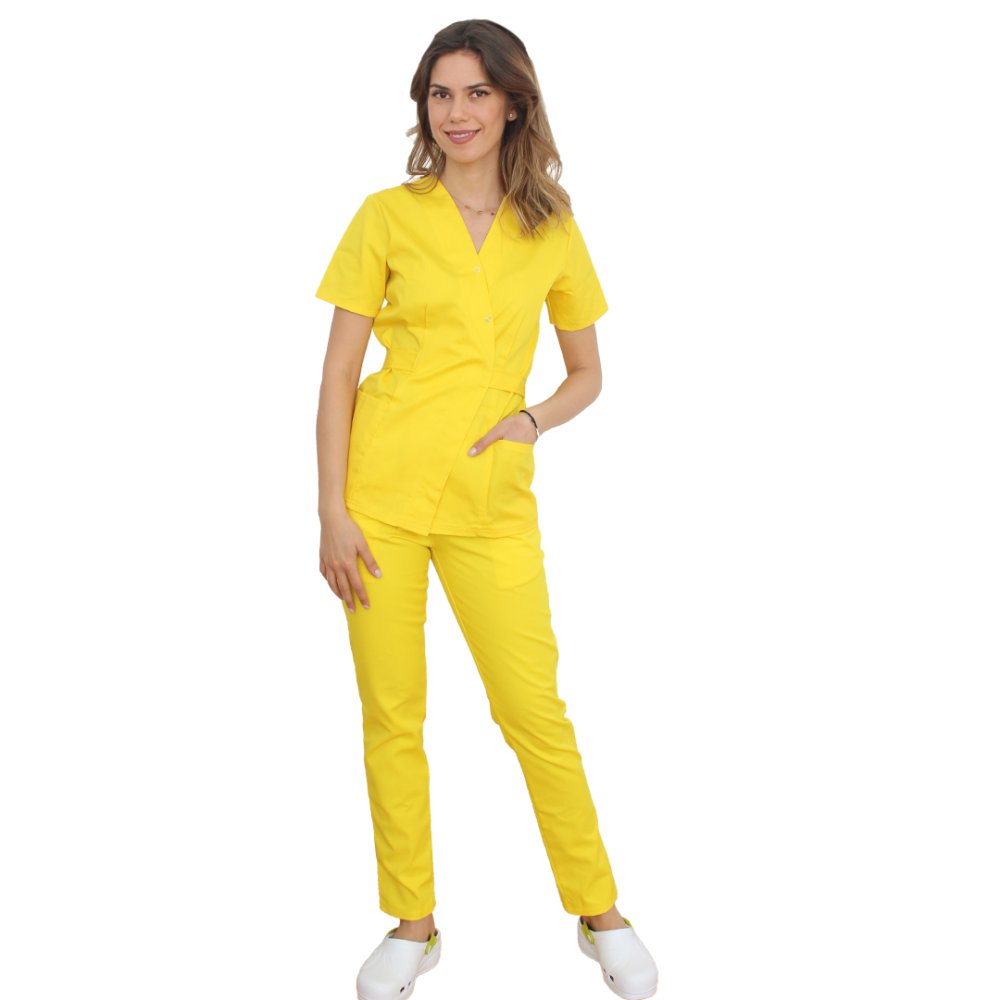 Costum medical galben, cu bluza tip kimono si pantaloni galben cu elastic